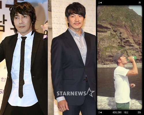 김장훈, 송일국과 '1박2일' 촬영 중 독도 방문 인증샷을 올린 엄태웅(왼쪽부터)