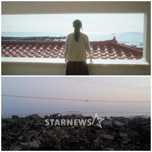 영화 '건축학개론'의 한가인 집에서 바라온 풍경 <사진출처=명필름>(위)-현재 건축폐기물이 된 한가인의 집터에서 바라본 풍경(아래)