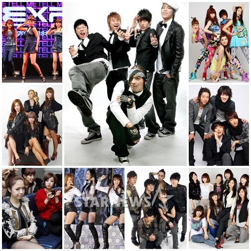 데뷔 초반 아이돌 모습. 왼쪽 위부터 원더걸스, 빅뱅, 포미닛, 씨엔블루, 소녀시대, 비스트, 씨스타, 티아라, 시크릿 ⓒ스타뉴스
