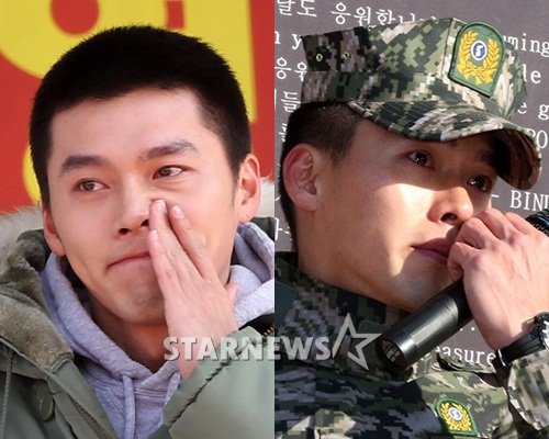 입대 당시 현빈(왼쪽)과 6일 전역식의 현빈. 두 사진 모두 눈물을 흘리고 있지만 사뭇 달라보인다 ⓒ사진=이명근, 이기범 기자