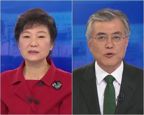 3차 토론에 나선 박근혜 후보(왼쪽)와 문재인 후보 <방송 화면 캡처>