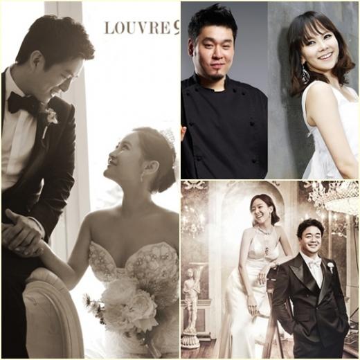 (왼쪽부터 시계방향) 강레오 박선주 부부, 레이먼 킴 김지우 커플, 백종원 소유진 부부 <사진=LOUVRE9, 올리브 스타뉴스, 이승진 웨딩>