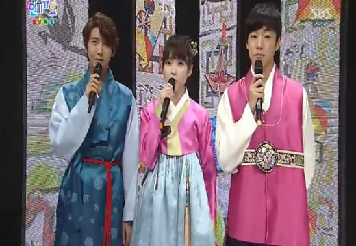 (왼쪽부터) SBS '생방송 인기가요' MC 광희, 아이유, 이현우 ⓒSBS '인기가요' 방송화면