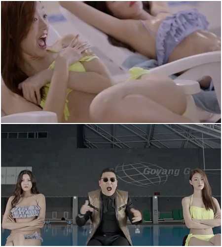 '젠틀맨' 뮤직비디오에 출연한 모델 지호진(왼)과 최소라 ⓒ'젠틀맨' 뮤직비디오 화면캡처