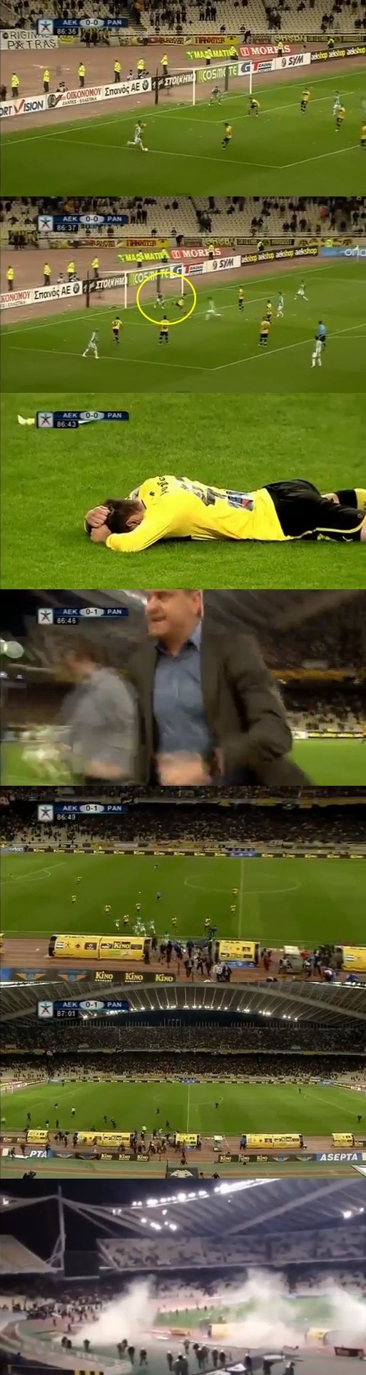 AEK 아덴스의 자책골 및 관중 소요 사태 장면 (사진=유튜브 영상 캡쳐)
