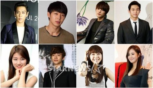빅뱅 탑, JYJ 박유천, 김재중, 2AM 임슬옹, 소녀시대 유리, 걸스데이 민아, 2PM 준호, 미스에이 수지(왼쪽위부터 시계방향)/사진=스타뉴스