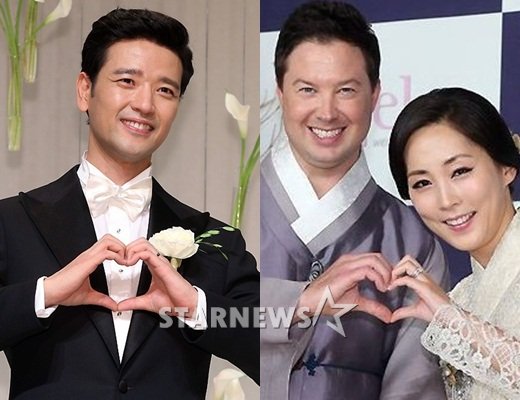 배우 배수빈(왼쪽)과 가수 제이-데이비드 커플이 14일 결혼식에 앞서 각각 손하트를 만들며 행복한 미소를 짓고 있다 /사진=이기범 기자