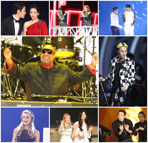 2013 MAMA에 참석한 정우 고아라(사진 좌측 맨 위부터 시계방향), 아이코나 팝, 태양, 지드래곤, 비, 소녀시대의 효린과 서현, 페리스 힐튼, 스티비 원더 /사진=CJ E&M 제공