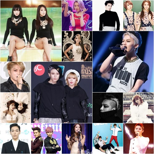 씨스타19(왼쪽위부터 시계방향), 선미, 승리, 투윤, 지드래곤, 효린, 김준수, 송지은, 인피니트H, 탑, M&N, 김재중, 트러블메이커, 씨엘, 태양