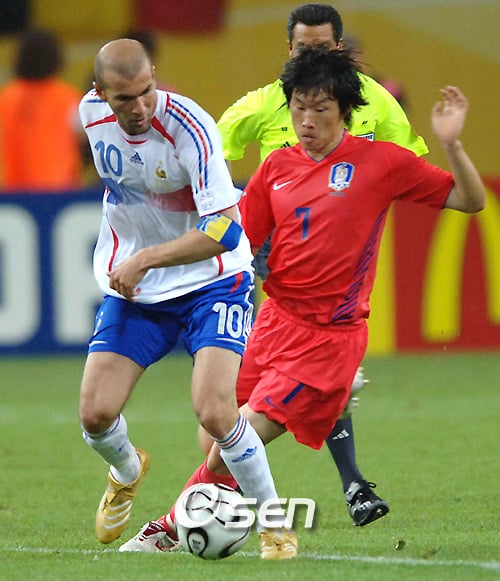 지네딘 지단(왼쪽,프랑스), 박지성/사진=OSEN