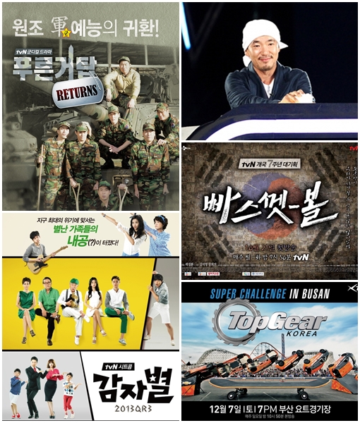 '푸른거탑'(사진 좌측 맨 위부터 시계방향으로), '슈스케5' 이하늘, 곽정환PD의 '빠스껫볼', '탑기코5', 김병욱PD의 '감자별2013QR3' /사진=CJ E&M