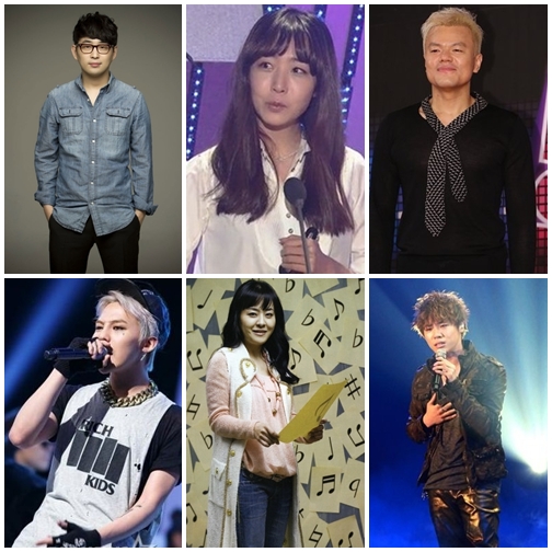 왼쪽 위부터 시계방향으로 안영민 김이나 박진영 휘성 조은희 지드래곤