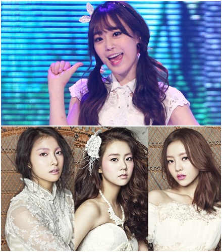 카라의 새 멤버 허영지(위)와 기존 멤버 박규리(아래 왼쪽부터) 한승연 구하라 / 사진=스타뉴스, DSP미디어