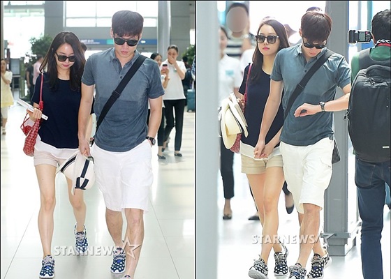 박지성-김민지 부부가 28일 오전 파리로 신혼여행을 떠나고 있다. 인천국제공항=이동훈 기자