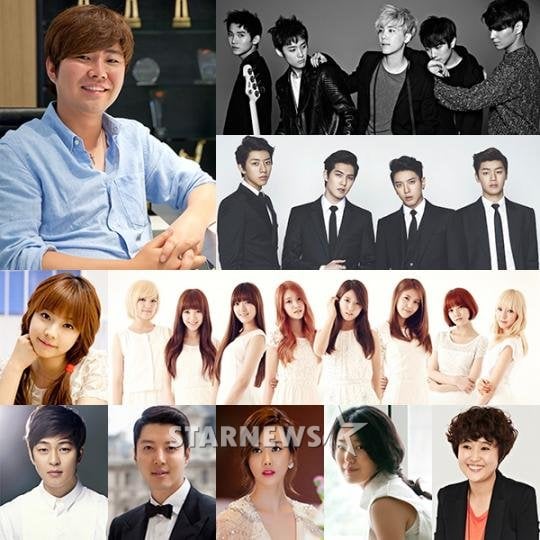 한성호 FNC엔터테인먼트 대표(맨 위 왼쪽)과 소속 연예인들 / 스타뉴스