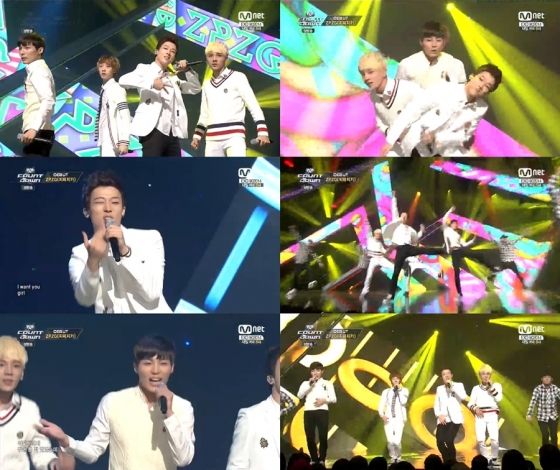 신인 아이돌그룹 지피지기가 엠넷 '엠카운트다운'에서 데뷔 무대를 선보이고 있다.