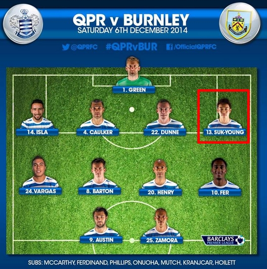 QPR-번리전 선발 명단. /사진=QPR 공식 트위터 캡쳐