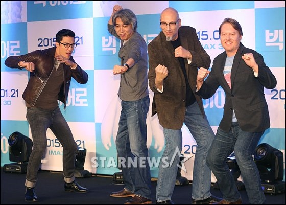 왼쪽부터 배우 다니엘 헤니, '빅 히어로' 김상진 캐릭터 디자인 수퍼바이저, 프로듀서 로이 콘리, 돈 홀 감독/사진=이동훈 기자