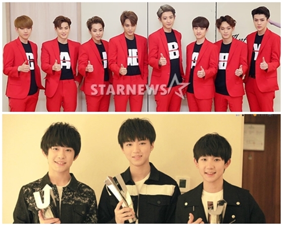 엑소(위) TFBOYS(아래) /사진출처=스타뉴스, TFBOYS 공식 웨이보
