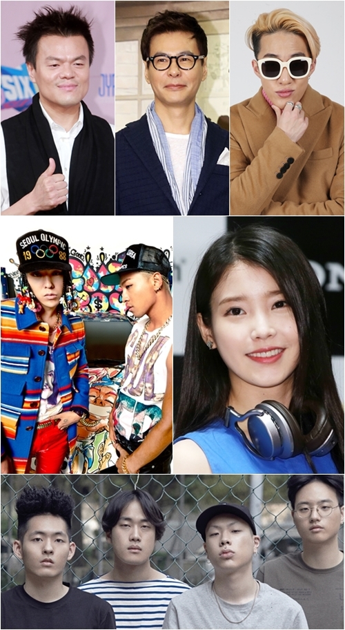 사진 왼쪽 위부터 박진영, 윤상, 자이언티, 지디&태양, 아이유, 혁오 / 사진=스타뉴스, YG엔터테인먼트, 어라운드더코너
