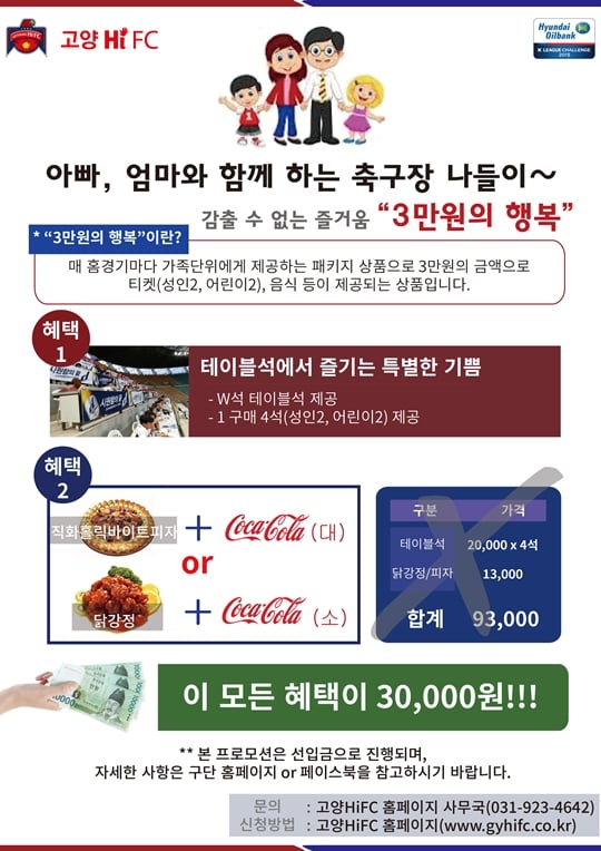 고양HiFC가 25일 경기부터 '3만원의 행복' 좌석을 운영한다. /그래픽=고양HiFC 제공