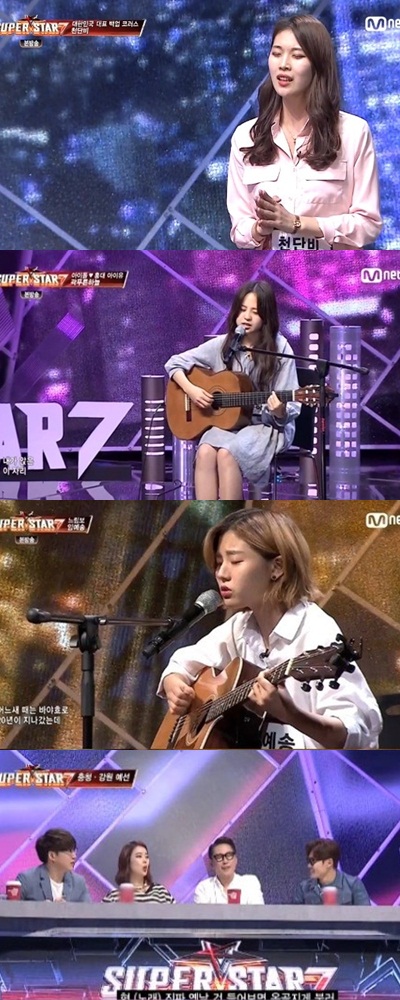 지난 3일 방송된 Mnet'슈퍼스타K7' 3회 출연자 천단비, 곽푸른하늘, 임예송과 심사위원들(위 부터) /사진=Mnet'슈퍼스타K7' 방송화면 캡처
