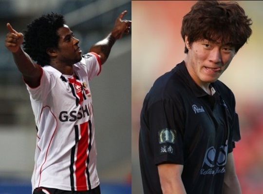 FC서울 아드리아노(왼쪽)와 성남의 황의조. /사진=한국프로축구연맹 제공