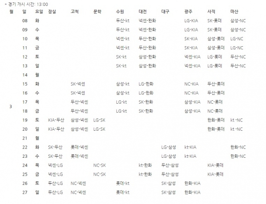 2016 KBO리그 시범경기 일정.