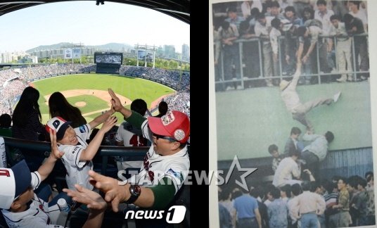 가족여가선용의 장으로 각광받는 요즘의 야구장(좌)과 불법 무질서가 판쳤던 과거의 야구장./사진= 뉴스1, 한국프로야구난투사 캡처