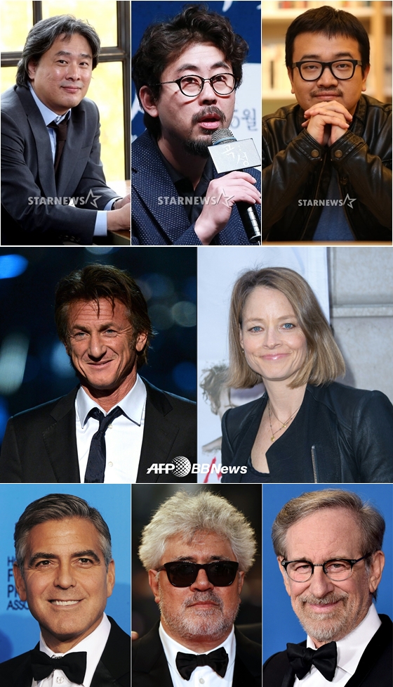사진 왼쪽 위부터 아래로 박찬욱, 나홍진, 연상호, 손 펜, 조디 포스터, 조지 클루니, 페드로 알모도바르, 스티븐 스필버그