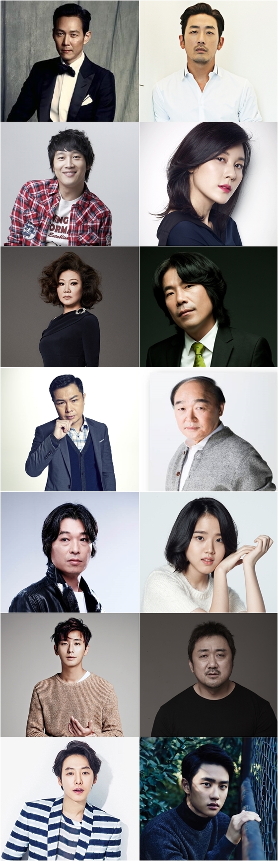 사진 왼쪽 위부터 아래로 이정재 하정우 차태현 김하늘 김해숙 오달수 임원희 장광 정해균 김향기 주지훈 마동석 김동욱 도경수 / 사진제공=롯데엔터테인먼트 덱스터스튜디오