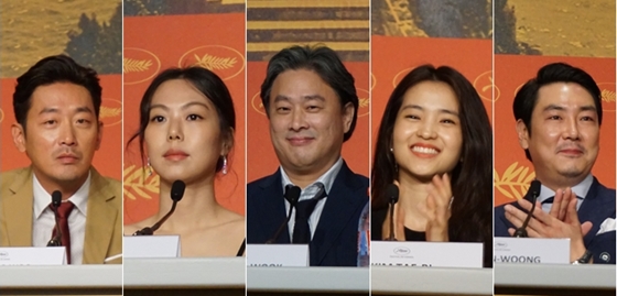 사진 왼쪽부터. '아가씨'의 칸영화제 공식 기자회견에 참석한 하정우 김민희 박찬욱 김태리 조진웅 / 사진=김현록 기자