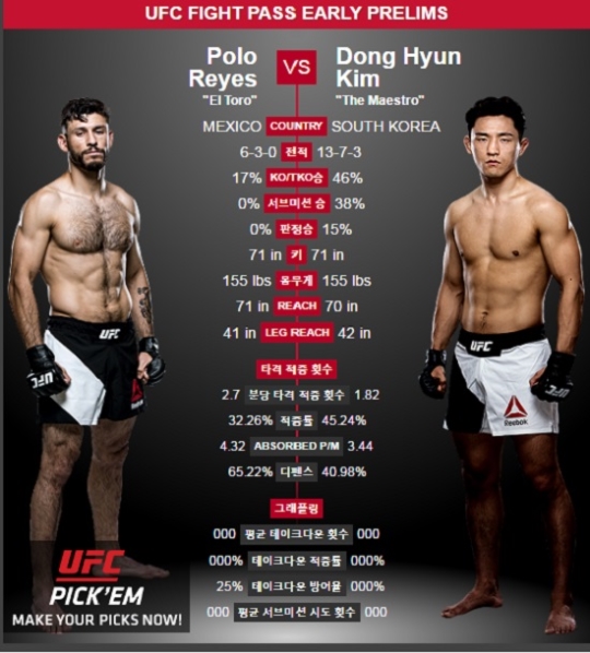 UFC199 폴로 레예스와 대결에서 TKO 패한 김동현./사진=UFC홈페이지