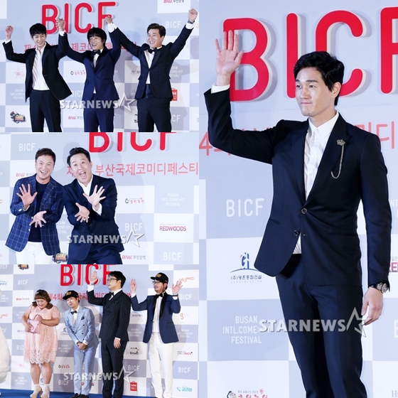 KBS 2TV '해피선데이-1박2일 시즌3' 멤버 정준영, 차태현, 김종민과 MBC '무한도전' 정준하 그리고 개그맨 겸 뮤지컬 배우 정성화, 부산국제코미디페스티벌 홍보단 홍윤화, 홍인규, 권재관, 조윤호, 배우 유지태(사진 오른쪽)/사진=김휘선 인턴기자