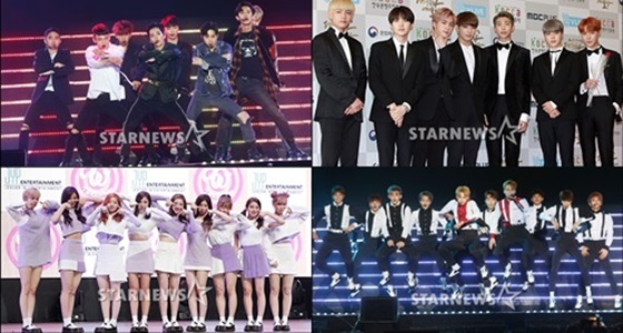 엑소(왼쪽위부터 시계방향), 방탄소년단, 세븐틴, 트와이스 / 사진=스타뉴스