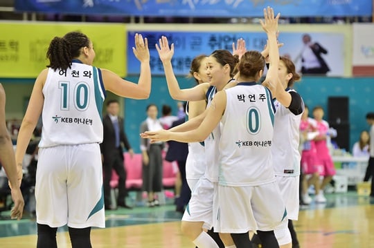 25일 KDB생명전 승리로 3연승을 달성한 후 하이파이브를 나누는 KEB하나은행 선수들. /사진=WKBL 제공