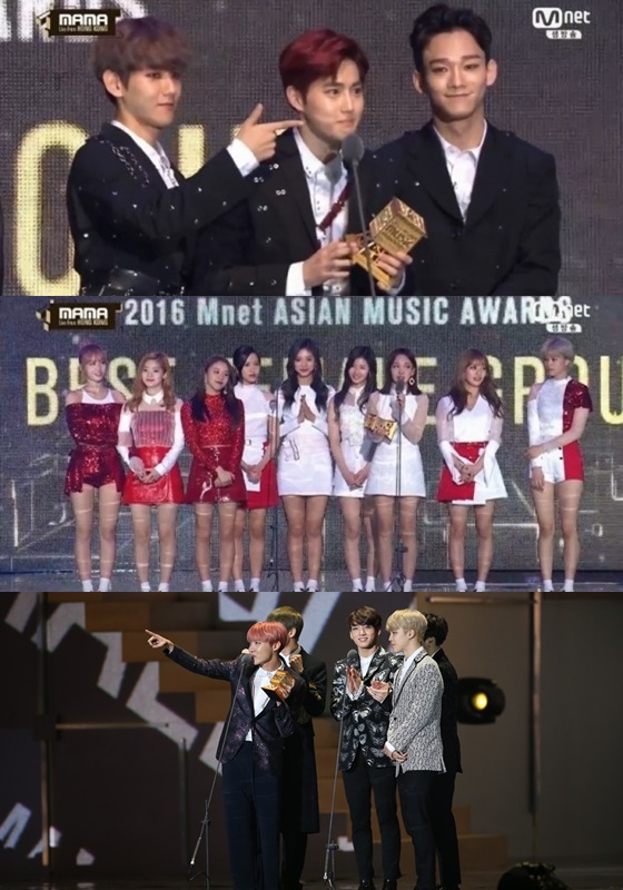 엑소, 트와이스, 방탄소년단(위부터)