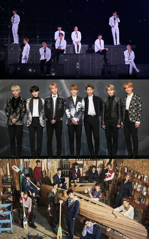 엑소, 방탄소년단, 세븐틴(위부터) /사진=SM엔터테인먼트, 빅히트엔터테인먼트, 플레디스