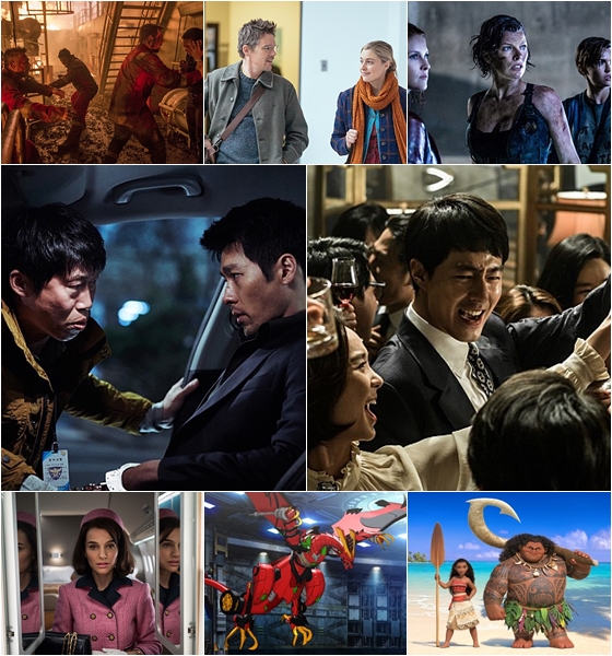 사진 왼쪽 위부터 '딥 워터 호라이즌', '매기스 플랜', '레지던트 이블:파멸의 날', '공조', '더 킹', '재키', '터닝메카드W:블랙미러의 부활', '모아나' / 사진=스틸컷