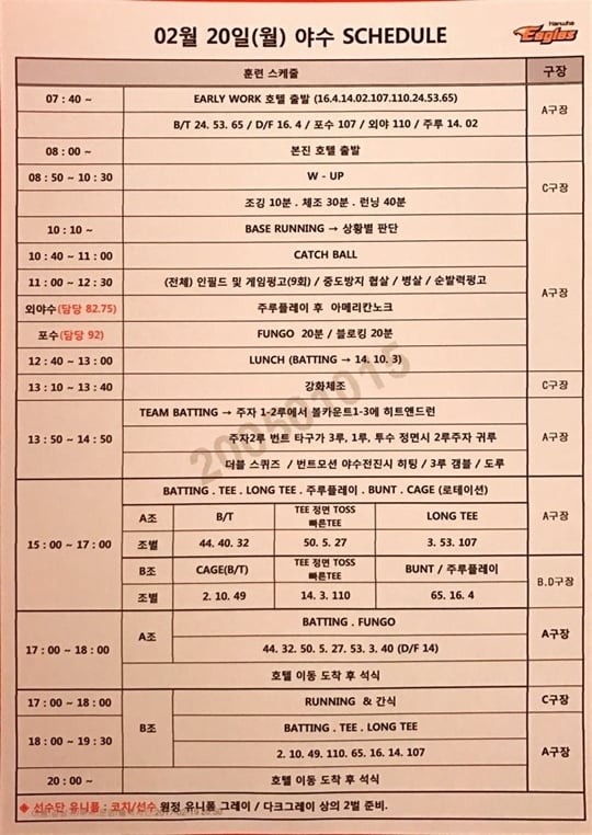 한화의 원래 일정표. 20일 오후 일정이 빼곡하지만 비로 인해 취소가 됐다. 투수들은 불펜 피칭을 실시할 예정이었다. /사진=한화 이글스 제공