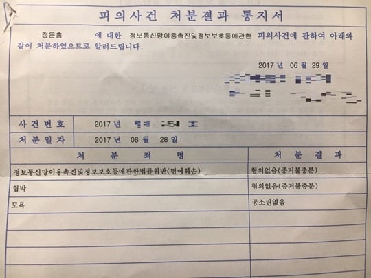 법원의 피의사건 처분결과 통지서. /사진=로드FC 제공