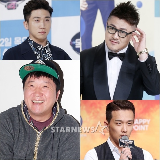 tvN 새 음악 관찰 예능 프로그램 MC진 유세윤(왼쪽위부터 시계방향), 데프콘, 쿠시, 정형돈 /사진=스타뉴스