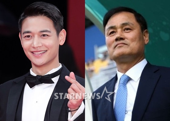샤이니 민호와 부친 최윤겸 신임 부산 아이파크 감독 /사진=스타뉴스, 한국프로축구연맹