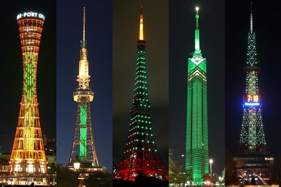 '샤이니 컬러 잭' 이벤트 이미지(왼쪽부터 고베 포트 타워, 나고야 텔레비전 타워, 도쿄 타워, 후쿠오카 타워, 삿포로 텔레비전 타워) / 사진제공=SM엔터테인먼트