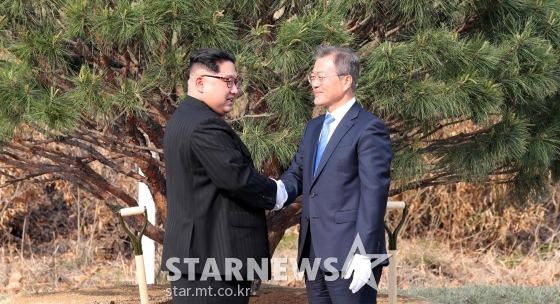 27일 오후 문재인 대통령과 김정은 국무위원장은 함께 남측 군사분계선 인근 ‘소떼 길’에 소나무를 공동 식수 하고 있다. / 사진=한국공동사진기자단