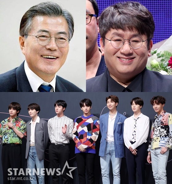 문재인 대통령, 방시혁 프로듀서, 방탄소년단(위부터 시계방향) /사진=스타뉴스, 청와대