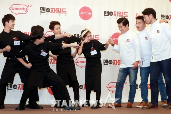 '맨vs차일드 코리아'의 차일드 셰프 5인(사진 왼쪽)과 맨 셰프 3인(이연복, 이원일, 박준우)장/사진=임성균 기자
