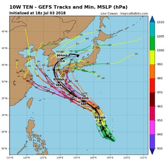 제 8호 태풍 마리아 진로 예측도./사진=tropicaltidbits 홈페이지 캡처