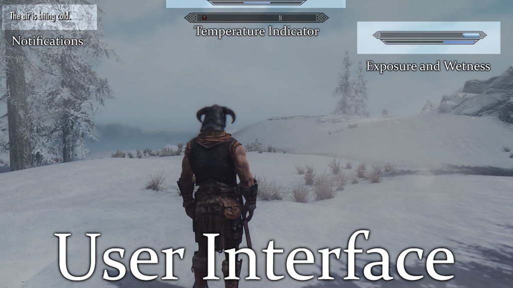 프로스트폴 모드의 UI. 온도를 알려주는 게이지가 상단에 있고 우측 상단엔 노출(피부)과 물에 젖어있는지를 알 수 있는 게이지가 있습니다.