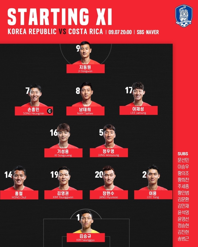 한국 선발 라인업 /사진=대한축구협회 제공